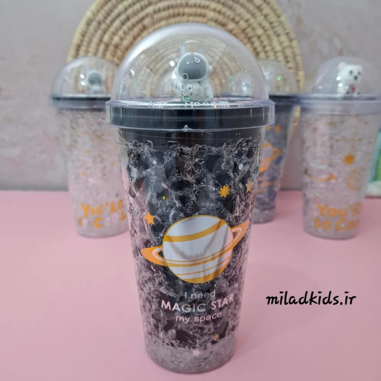لیوان اسموتی دو جداره ژل دار چراغ دار طرح فضایی رنگ مشکی