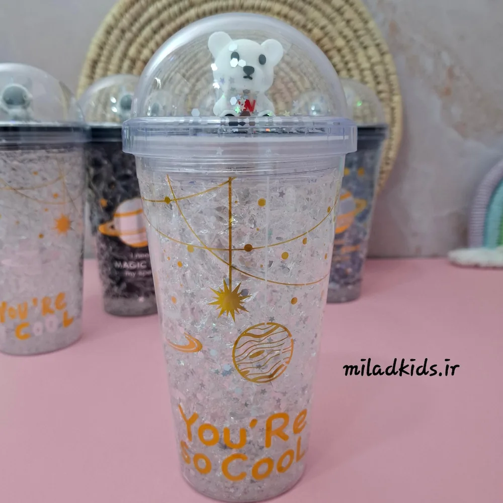 ماگ اسموتی دو جداره ژل دار چراغ دار طرح فضایی رنگ سفید با عروسک خرس سیلیکونی