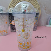 ماگ اسموتی دو جداره ژل دار چراغ دار طرح فضایی رنگ سفید با عروسک خرس سیلیکونی