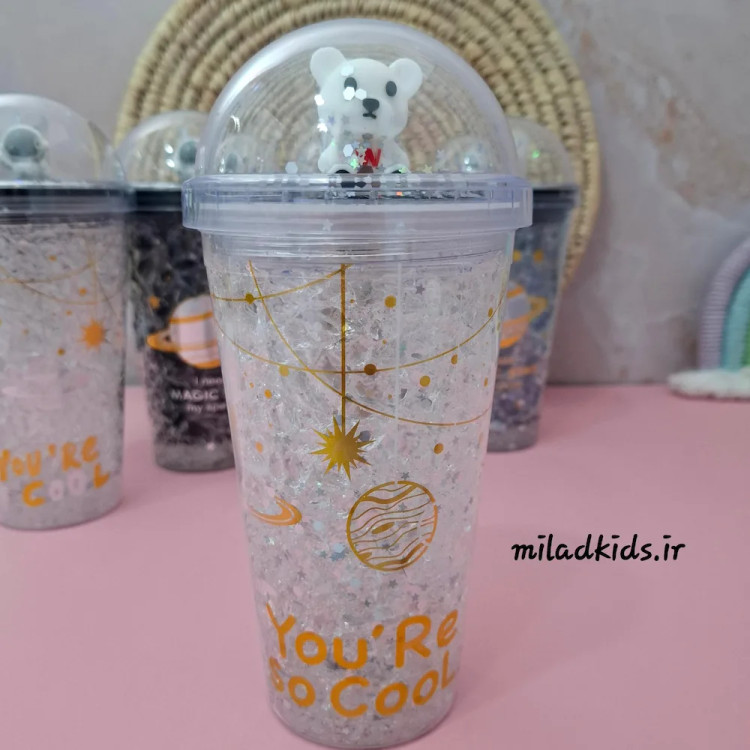 ماگ اسموتی دو جداره ژل دار چراغ دار طرح فضایی رنگ سفید با عروسک خرس سیلیکونی