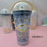 ماگ اسموتی دو جداره ژل دار چراغ دار طرح فضایی رنگ بنفش مایل به طوسی