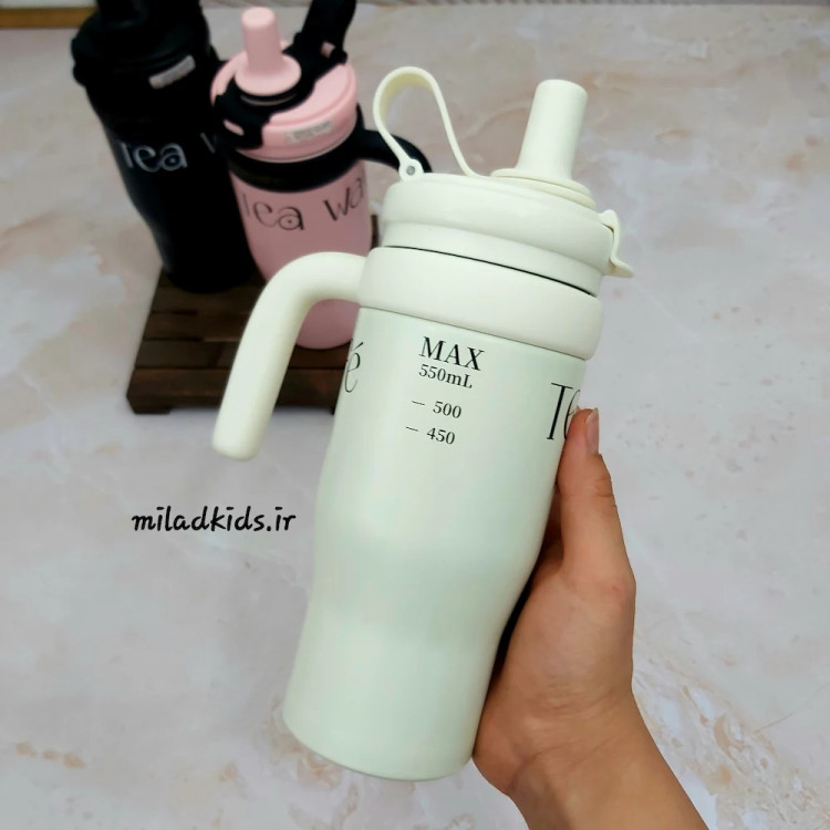 تراول ماگ دسته دار دو حالته دوجداره طرح مینیمال water tea cafe رنگ سفید