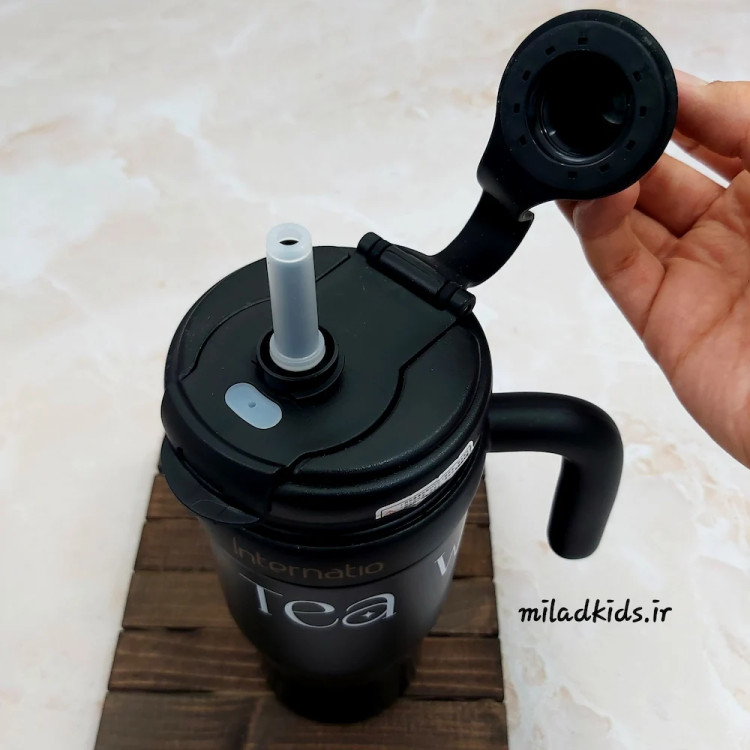 درب پیچی لبی نی نوش تراول ماگ دسته دار دوجداره رنگ مشکی