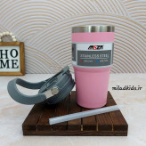 تراول ماگ دوحالته دوجداره AMSZM با درب باز و نی رنگ صورتی