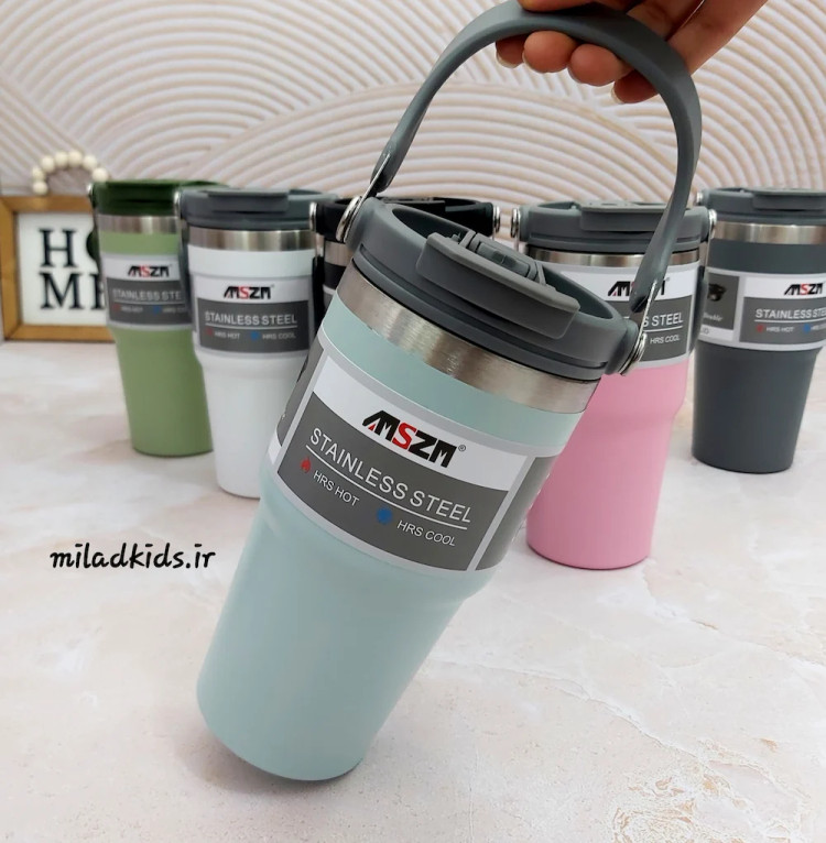 تراول ماگ سطلی دو حالته دسته دار طرح استنلی برند AMSZM رنگ سبز دریایی