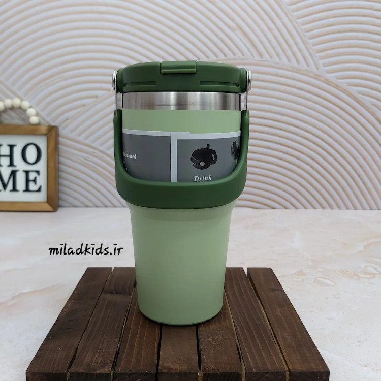 تراول ماگ سطلی طرح استنلی دسته دار دوحالته برند AMSZM رنگ سبز