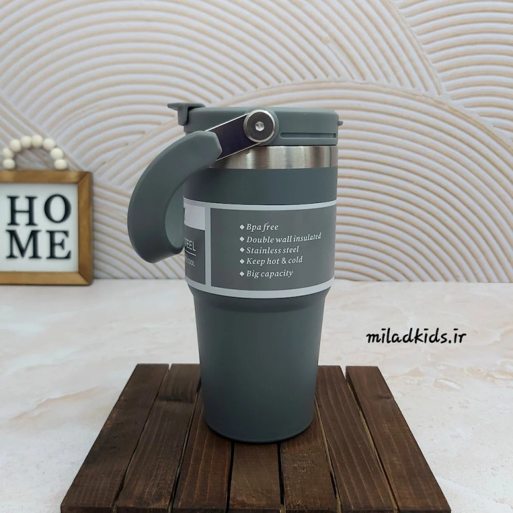 تراول ماگ طرح استنلی دسته دار دو حالته رنگ خاکستری