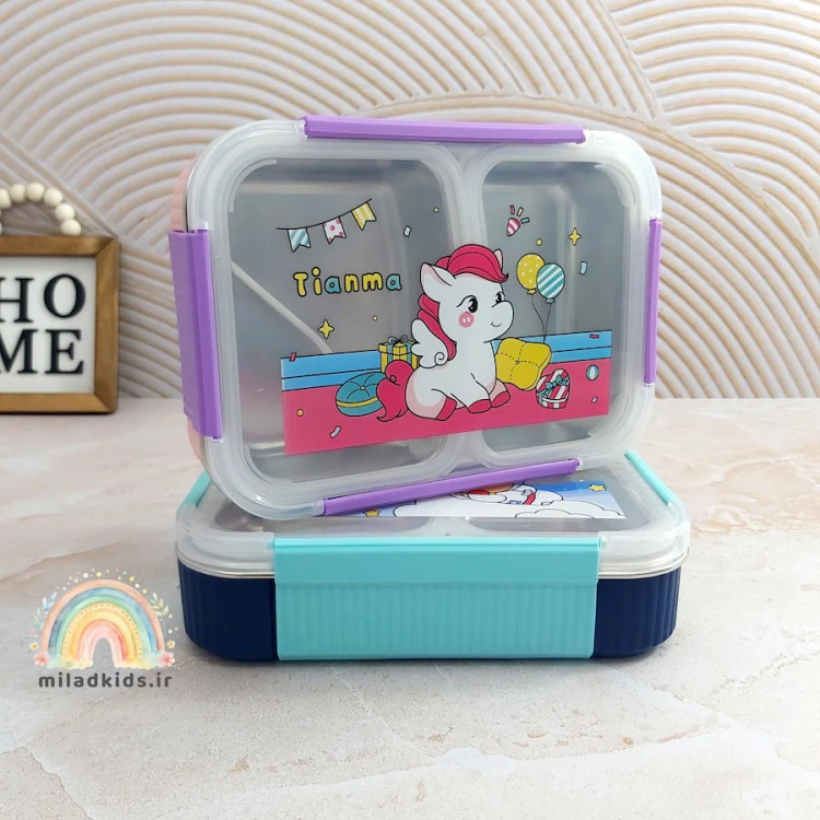 ظرف غذای کودک داخل استیل دو قسمتی واشر دار طرح اسب بال دار
