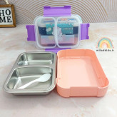 ظرف غذای کودک دو قسمتی واشر دار با قاشق به صورت باز شده و استیل جدا شده طرح اسب بالدار