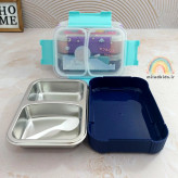 لانچ باکس کودک دو قسمتی واشردار با قاشق به صورت باز و استیل جدا شده طرح خرس فضانورد