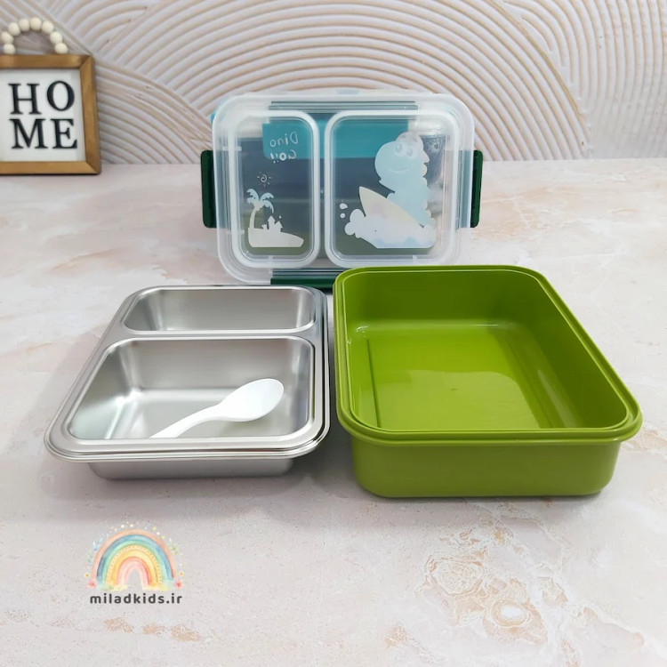 لانچ باکس بچه گانه طرح دایناسور دو قسمتی واشر دار به صورت باز شده