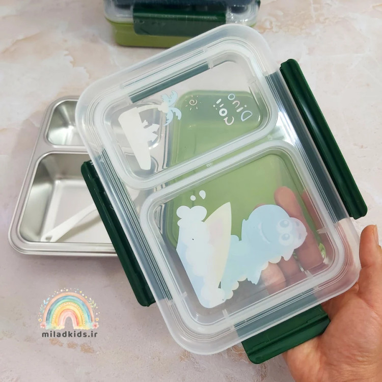 درب واشر دار ظرف غذا استیل دو قسمتی طرح دایناسور