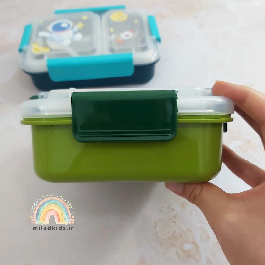 قفل کوچک لانچ باکس کودک ضدنشت دو قسمتی داخل استیل  طرح دایناسور