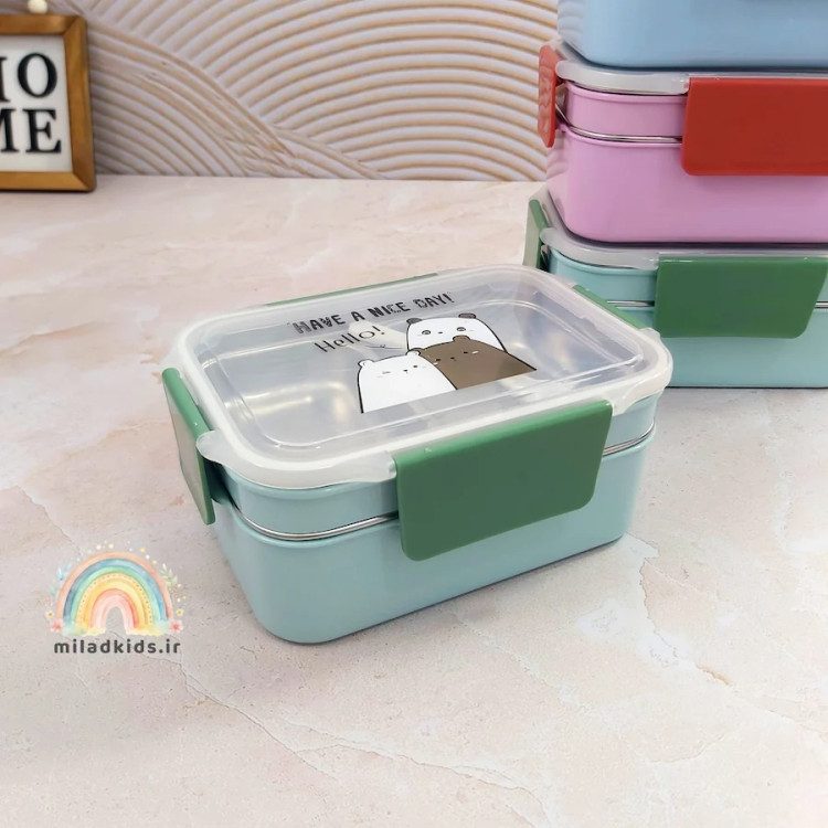 لانج باکس دو طبقه کودک استیل سه قسمتی رنگ سبز
