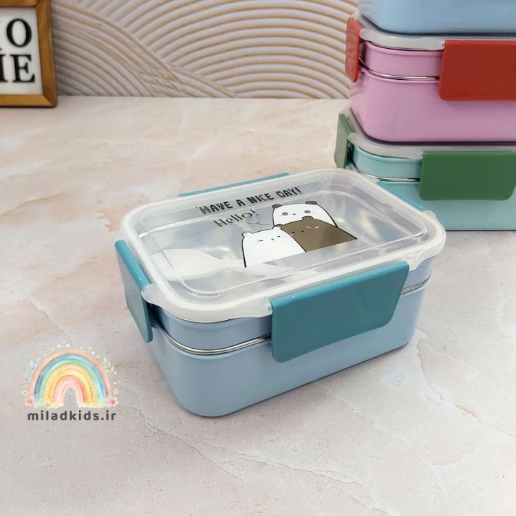 لانچ باکس سه قسمتی کودک استیل دو طبقه رنگ آبی