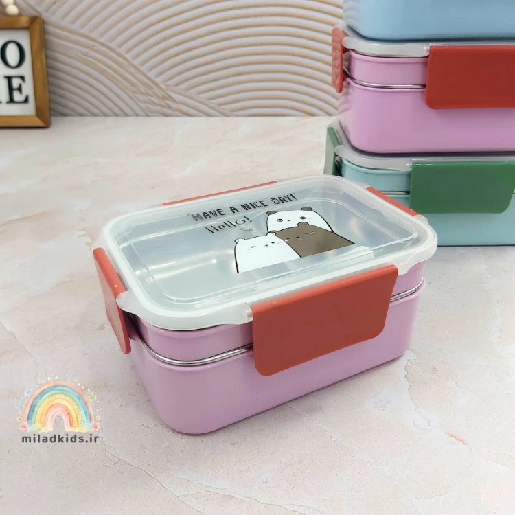 ظرف غذای کودک دو طبقه استیل سه قسمتی رنگ یاسی