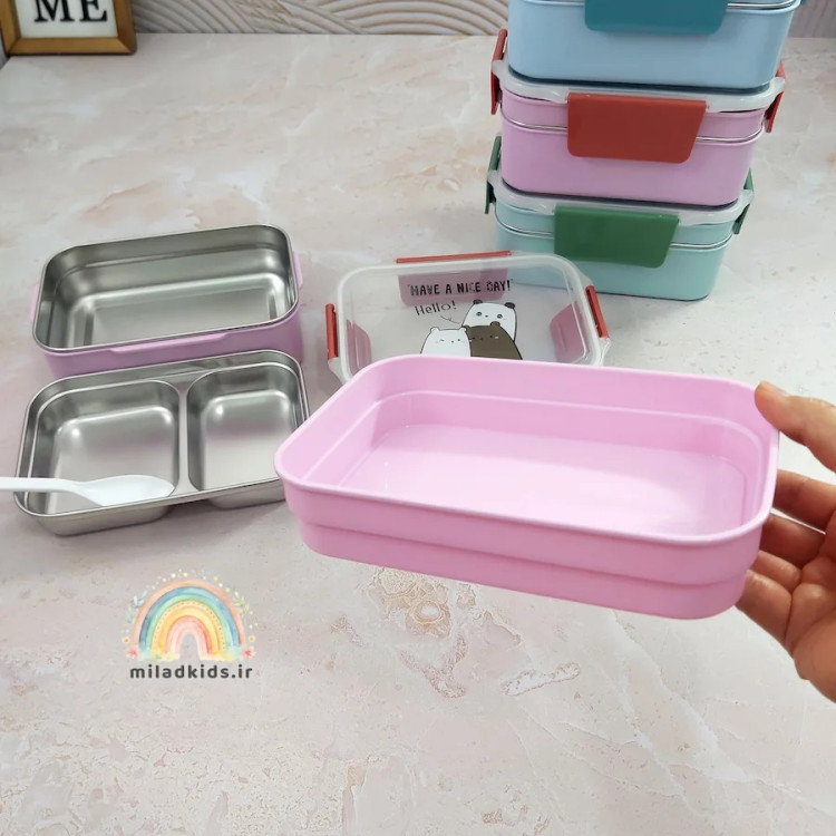 بدنه پلاستیکی طبقه اول ظرف غذا دو طبقه داخل استیل رنگ یاسی