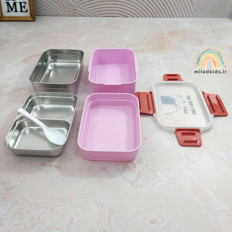 ظرف غذا پلاستیکی داخل استیل دو طبقه سه بخشی به صورت باز شده همراه با قاشق