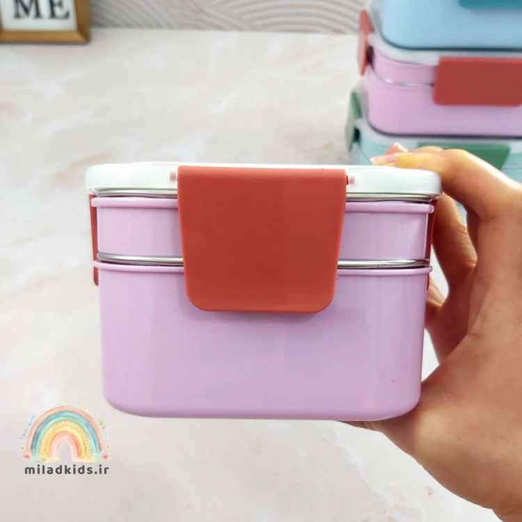 قفل کوچک ظرف غذا دو طبقه مدرسه سه بخشی رنگ یاسی