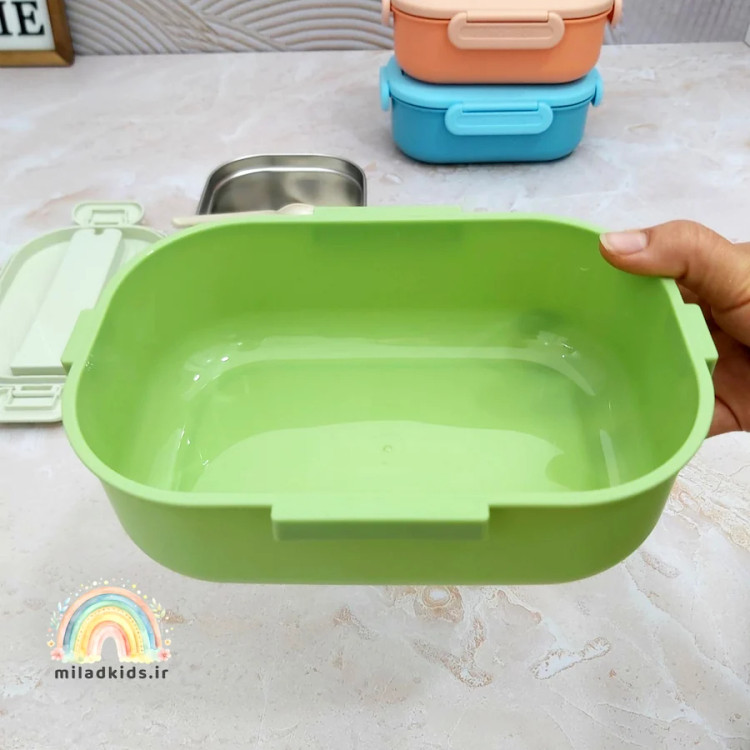 بدنه پلاستیکی پروپیلنی ظرف غذا لانچ باکس داخل استیل درب قفل دار رنگ سبز