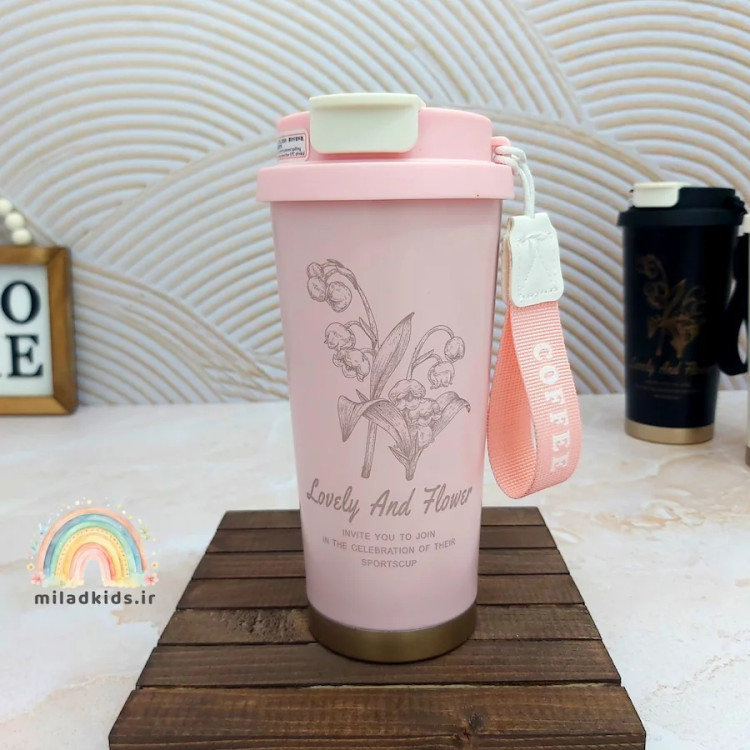 تراول ماگ صورتی دو حالته دو جداره با بند پارچه ای مچی