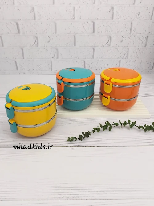 ظرف غذا دو طبقه داخل استیل دسته دار درای سوپاپ بخار رنگ های آبی ، زرد و نارنجی
