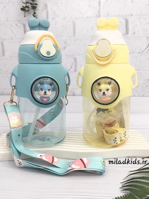 قمقمه خرگوشی نی دار با درب دکمه ای قفل دار حجم 500 میلی لیتر رنگ آبی و زرد
