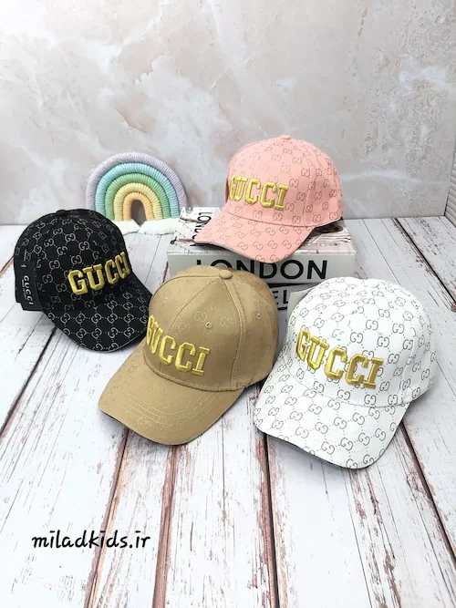 کلاه کتان وارداتی دخترانه بیسبالی (کپ) شش ترک طرح گوچی GUCCI رنگ مشکی،صورتی،کرم و سفید