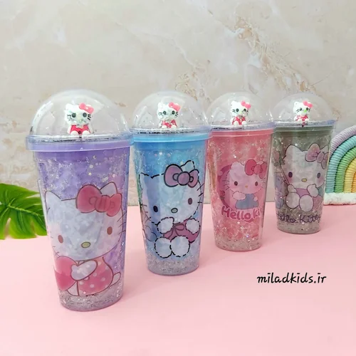 ماگ اسموتی دوجداره ژل دار چراغدار طرح کیتی رنگ یلسی ،آبی، صورتی و سبز