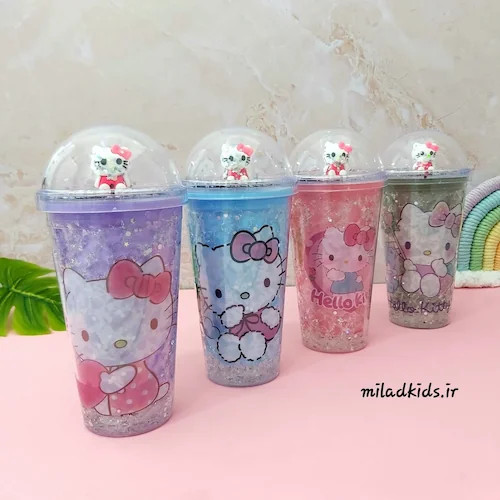 ماگ اسموتی دوجداره ژل دار چراغدار طرح کیتی رنگ یلسی ،آبی، صورتی و سبز