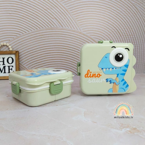 لانچ باکس طرح دایناسور دوطبقه پلاستیکی رنگ سبز