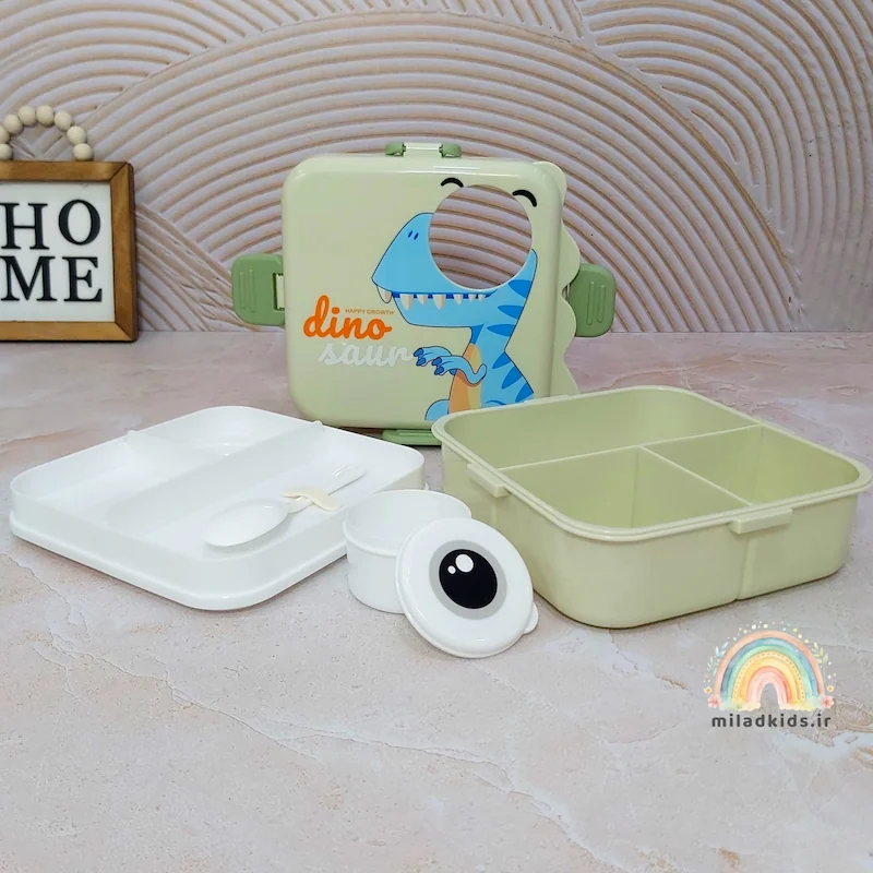 ظرف غذا طرح دایناسور دوطبقه پلاستیکی باز شده