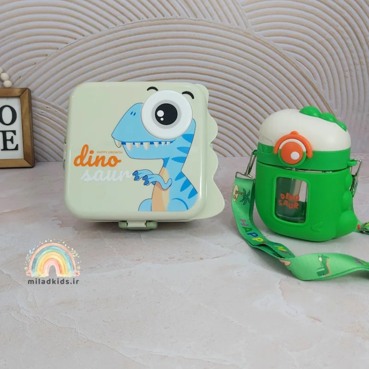 ظرف غذای مدرسه فانتزی طرح دایناسوری در کنار قمقمه دایناسوری