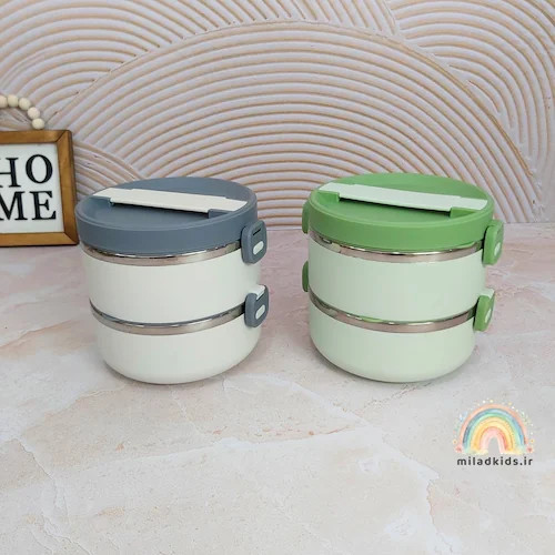 ظرف غذا استیل واشردار دوطبقه دو رنگ سبز و خاکستری