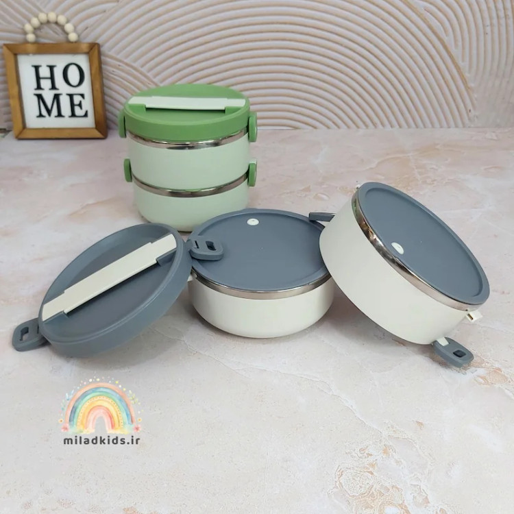 لانچ باکس مدرسه دوطبقه دسته دار واشردار رنگ طوسی