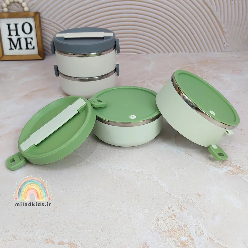 لانچ باکس فلزی دوطبقه واشردار دسته دار رنگ سبز