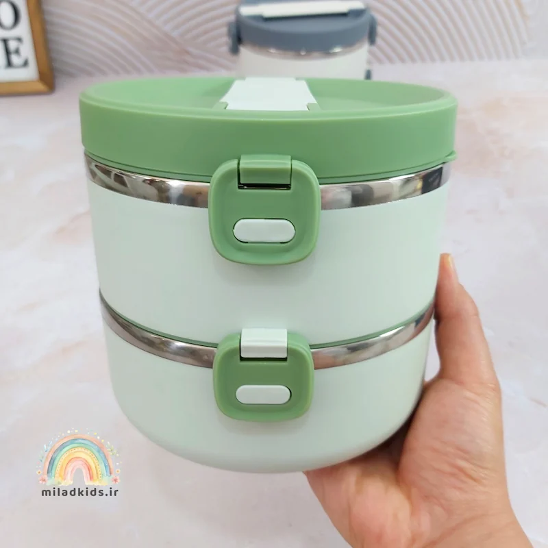 قفل درب ظرف غذا استیل دوطبقه رنگ سبز