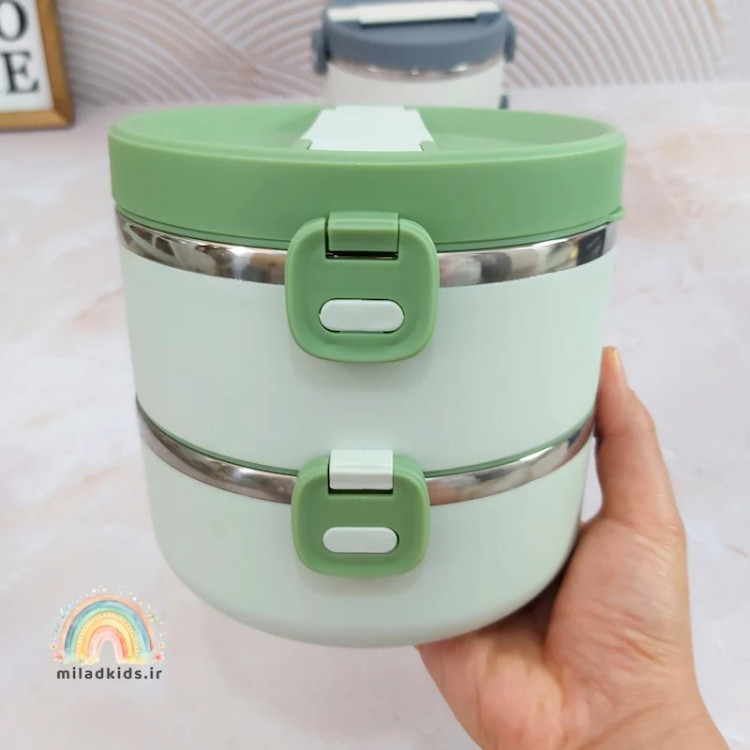 قفل درب ظرف غذا استیل دوطبقه رنگ سبز