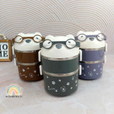 ظرف غذا داخل استیل دوطبقه مدل خرس عینکی رنگهای طوسی و قهوه ای و ارغوانی