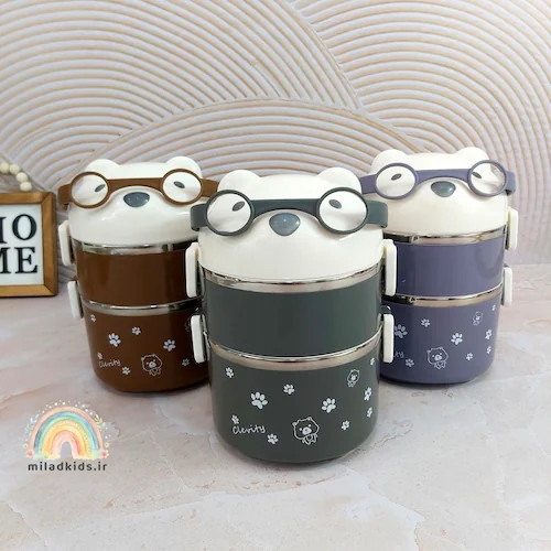 ظرف غذا داخل استیل دوطبقه مدل خرس عینکی رنگهای طوسی و قهوه ای و ارغوانی