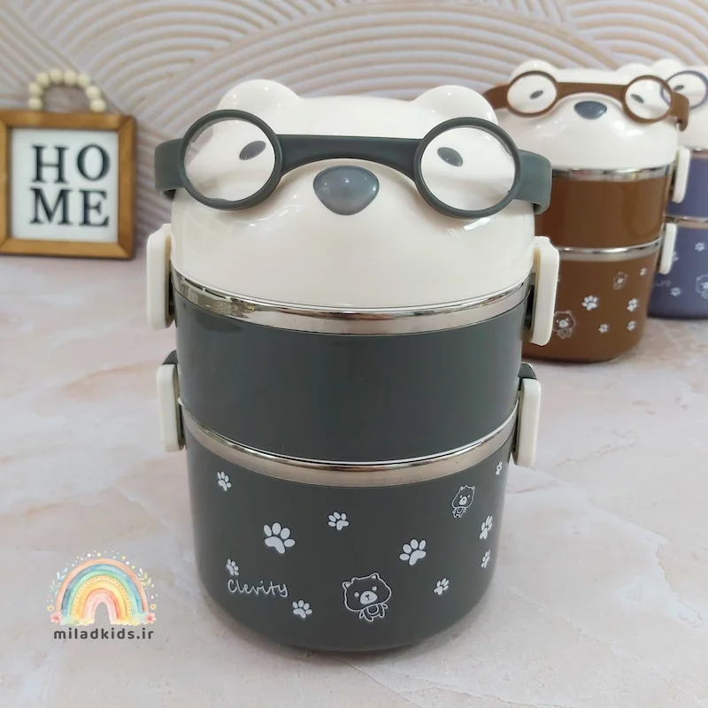 ظرف غذا دوطبقه استیل طرح خرس عینکی رنگ طوسی