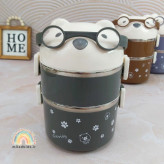 ظرف غذا دوطبقه استیل طرح خرس عینکی رنگ طوسی