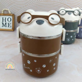 ظرف غذا کودک داخل استیل دوطبقه طرح خرس عینک دار رنگ قهوه ای