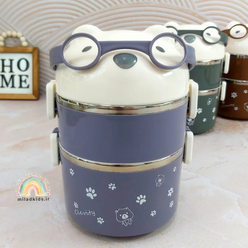 ظرف غذا بچه گانه استیل دوطبقه مدل خرس عینکی رنگ ارغوانی