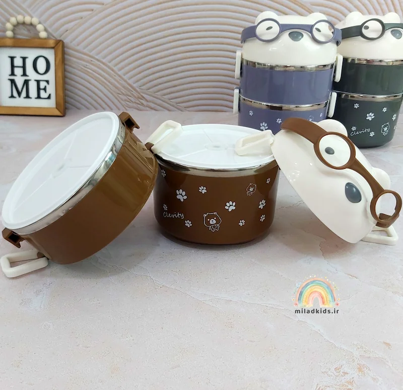 ظرف غذا سفری دوطبقه داخل استیل مدل خرس عینکی رنگ قهوه ای