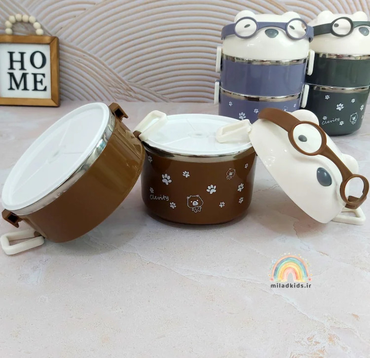 ظرف غذا سفری دوطبقه داخل استیل مدل خرس عینکی رنگ قهوه ای