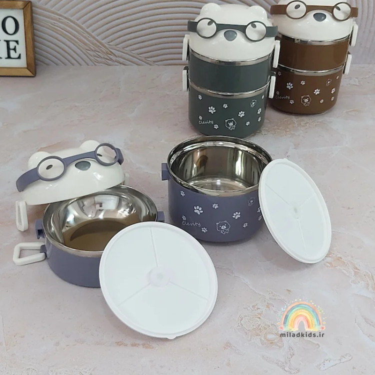 لانچ باکس بچه گانه دوطبقه داخل استیل طرح خرس عینک دار با درب باز شده