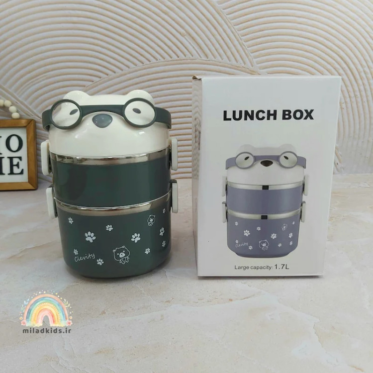ظرف غذا مدرسه داخل استیل دوطبقه رنگ طوسی با جعبه