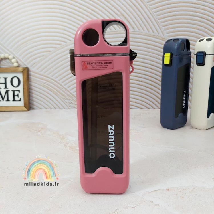 قمقمه صورتی باشگاه نی دار با بند مچی پارچه ای