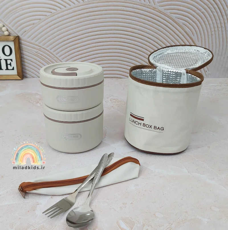 کیف عایق حرارت لانچ باکس دو تیکه داخل استیل بدنه ماکروفری و قاشق چنگال